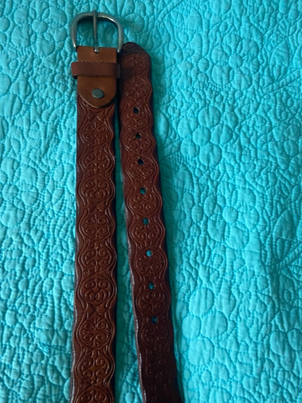 Kimchi Blue Tooled Brown Leather Belt with Silver Buckle - Picture 3 of 5